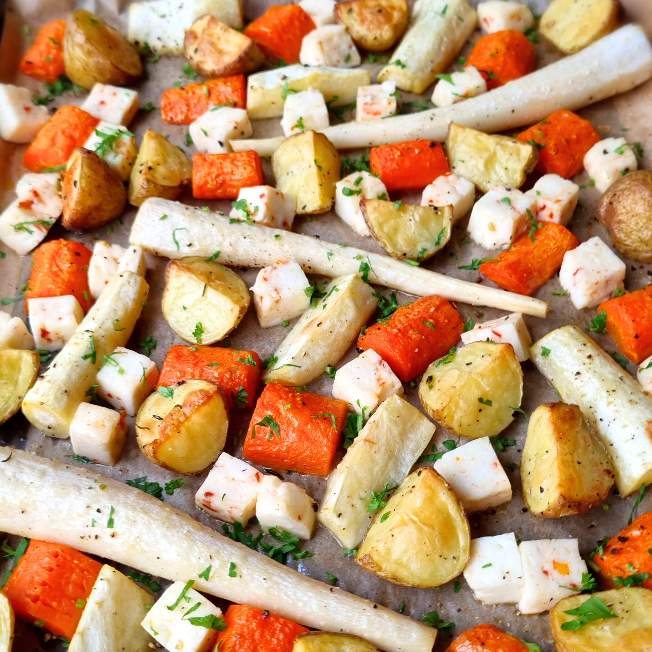 Wintergroenten traybake met halloumi & aardappeltjes (eiwitrijk)