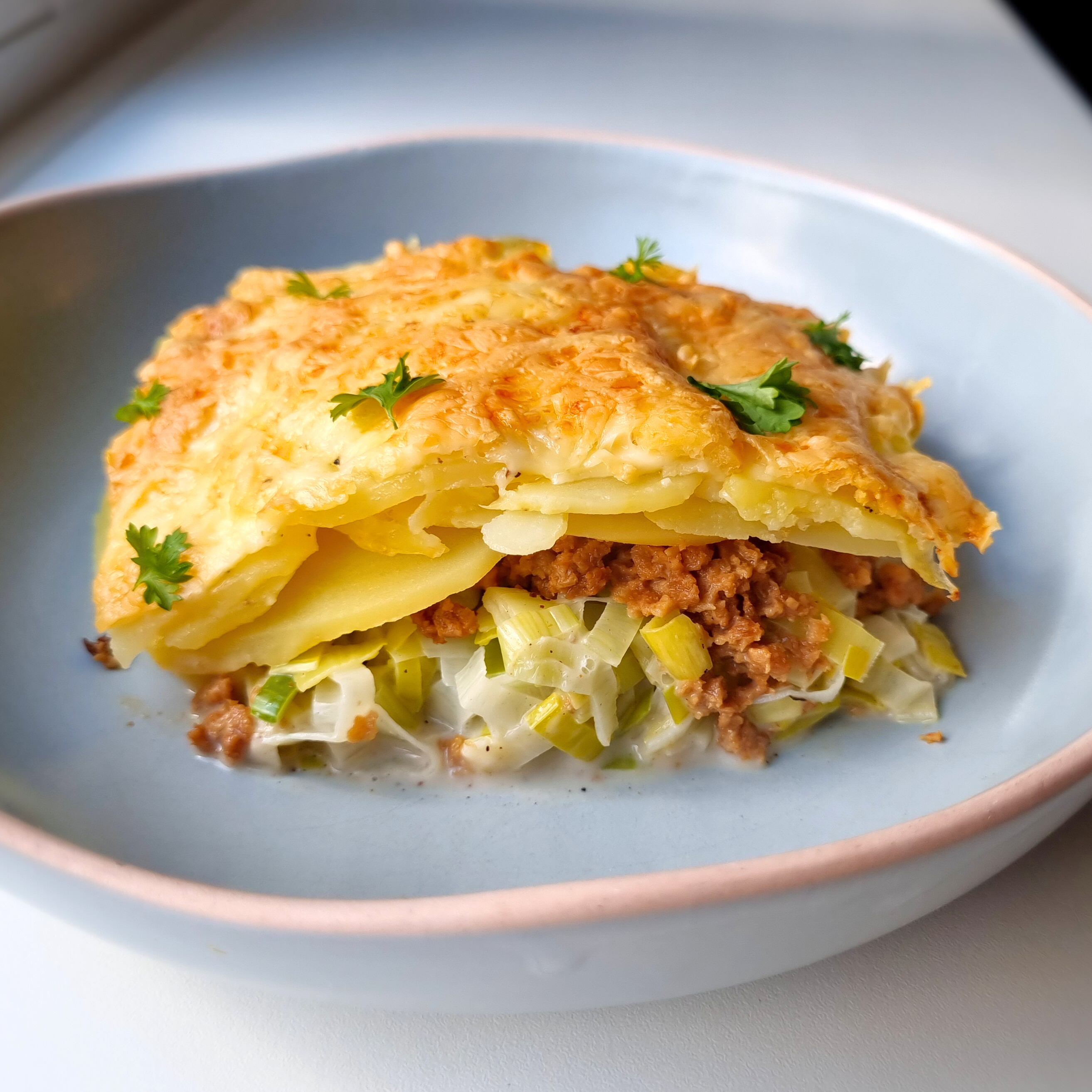 Prei ovenschotel met vegetarisch gehakt (eiwitrijk)