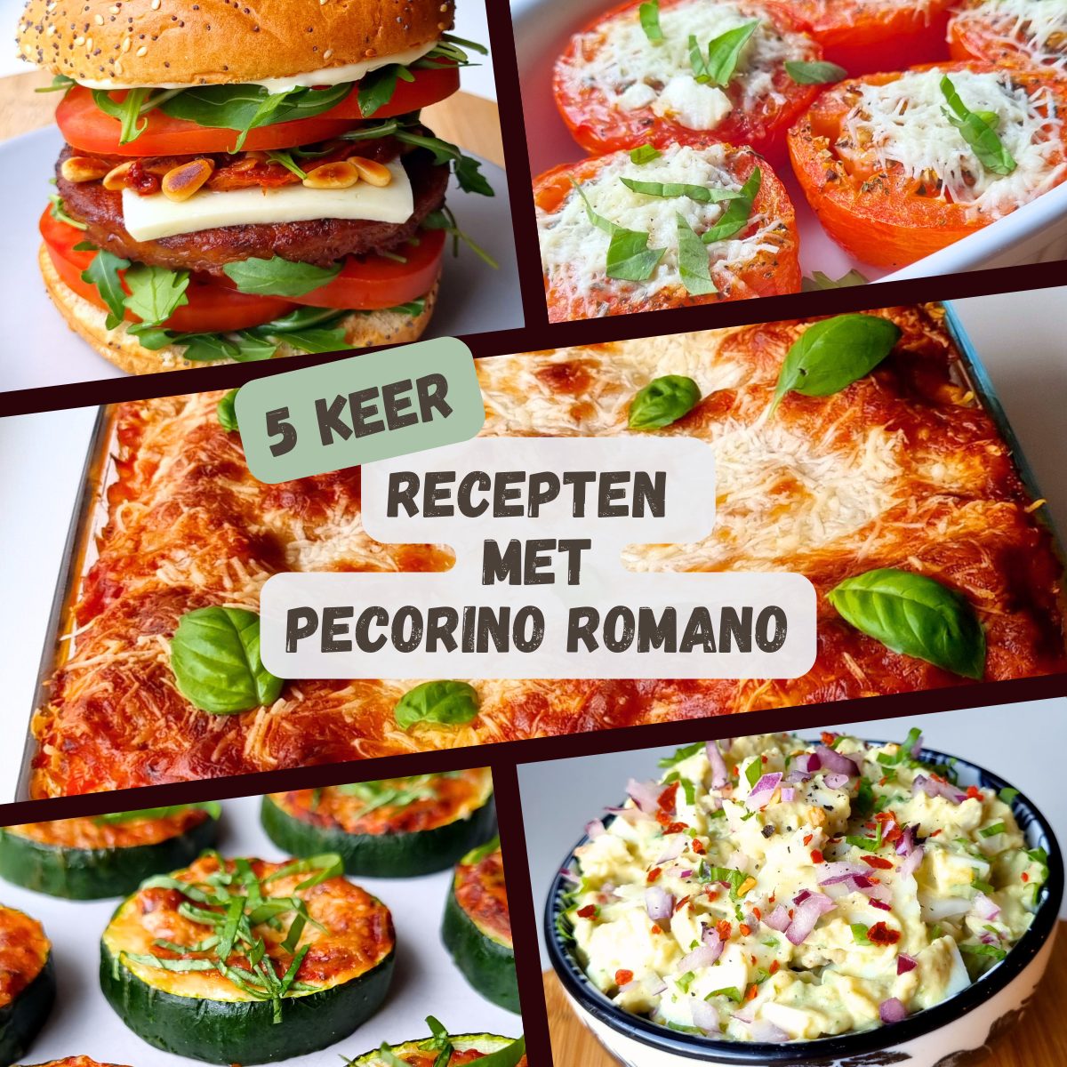 Hamburger pecorino, tomaat & rucola, geroosterde tomaten, lasagne, courgette pizzaatjes & avocado-eiersalade