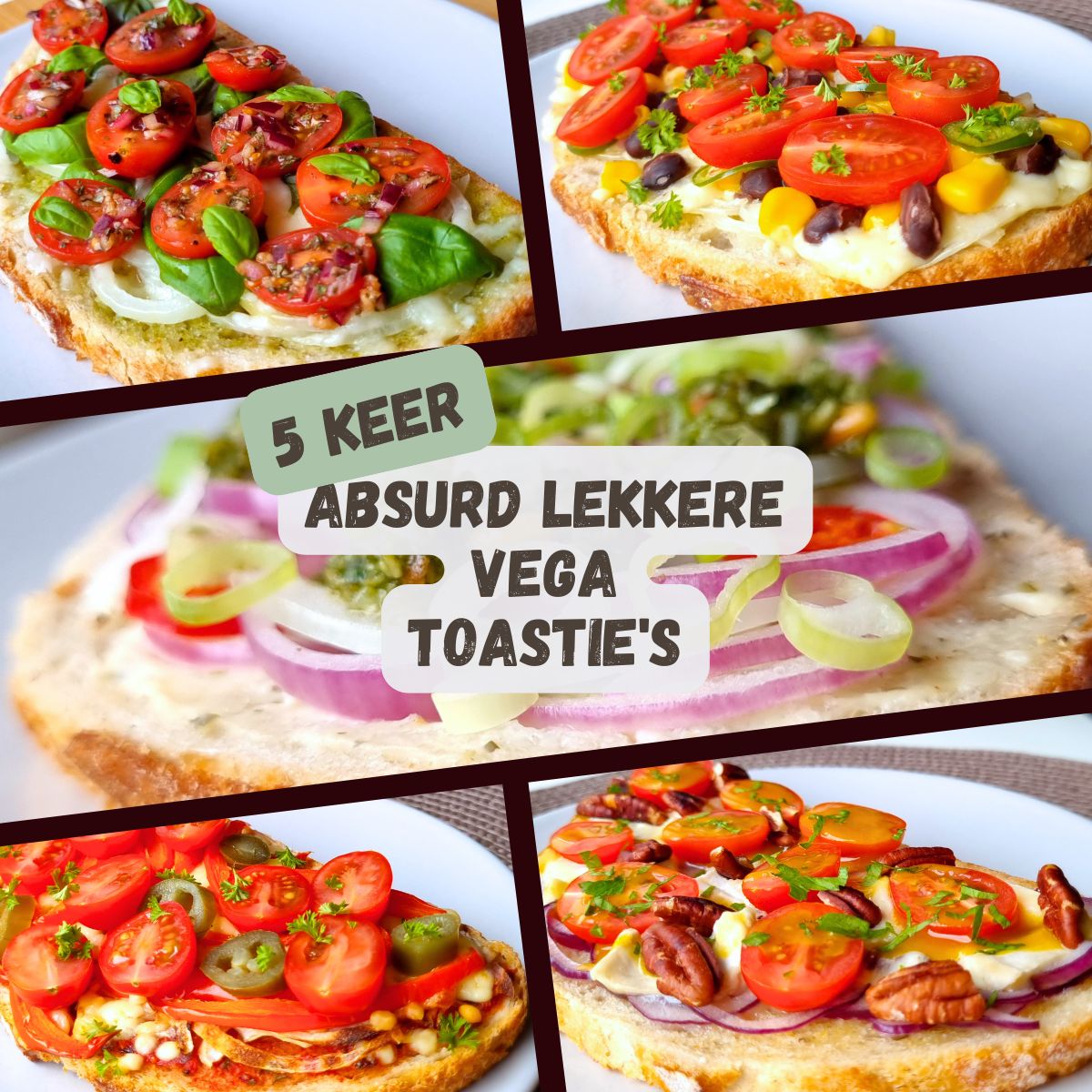 Toastie gemarineerde tomaat, pizzabroodje met jalapeño, toastie maïs en zwarte bonen, onion lovers toastie & toastie met brie