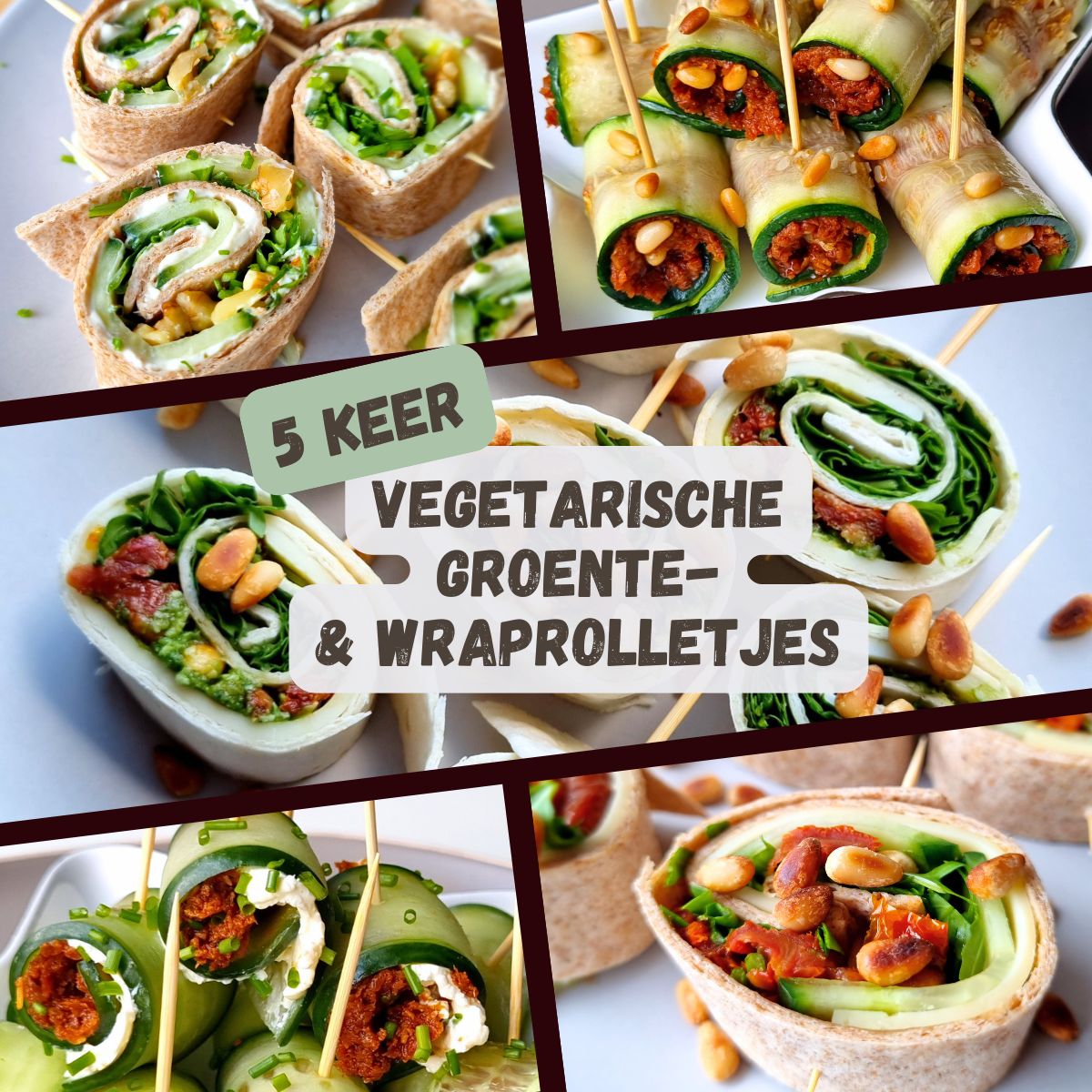 Wraprolletjes met kruidenkaas en walnoot, mozzarella-pesto, jonge kaas en zongedroogde tomaat & groenterolletjes met tapenade