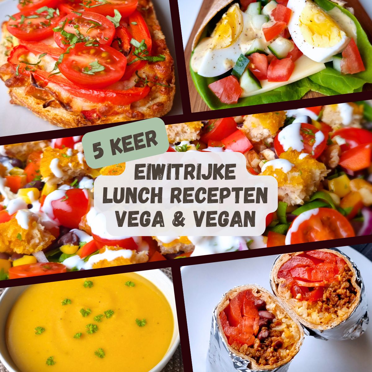 Toastie mozzarella, wrap gezond, vegan maaltijdsalade kipkrokant burger, gele erwtensoep & burrito met gekruid vegan gehakt