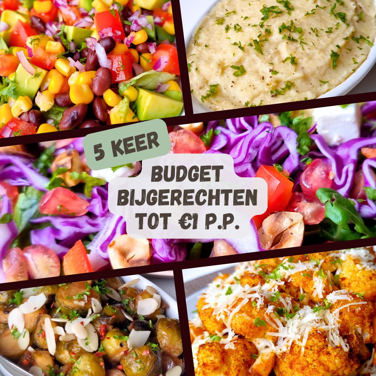 Mexicaanse zwarte bonensalade, aardappelpuree, rode spitskoolsalade met granaatappel, spruitjes met balsamico & bloemkool met Parmezaan