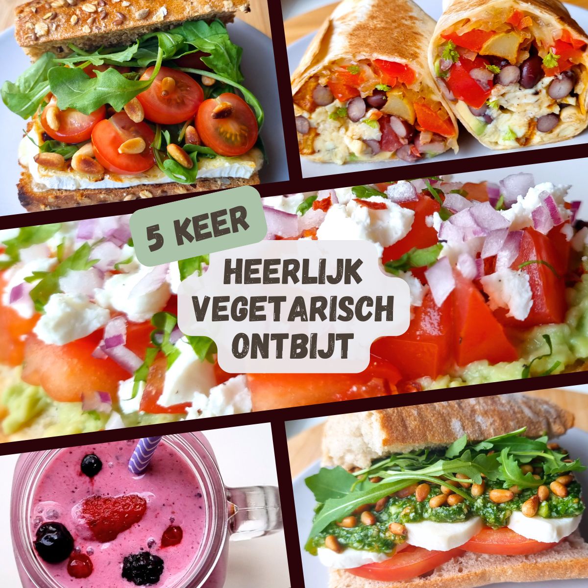 Baguette mozzarella en pesto, gekarameliseerde brie, avocadotoast met feta, breakfast burrito's & bosvruchten drinkyoghurt