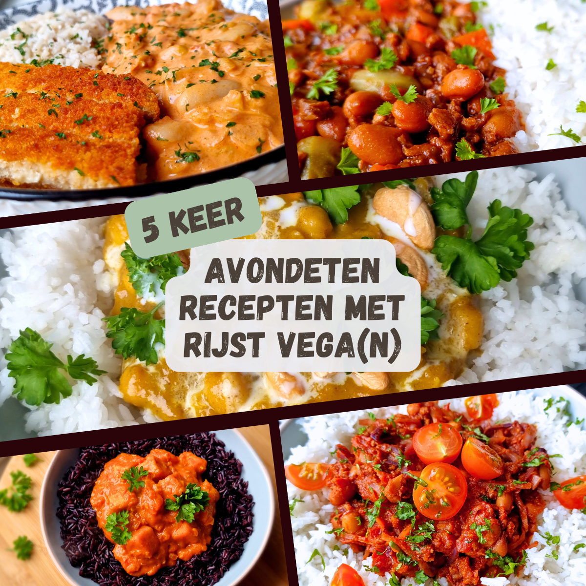 Bombay curry tofu, chili con carne, pompoencurry met cashewnoten, winters stoofpotje met spruiten en peen & witte bonen in tomaat-yoghurtsaus met vega schnitzel