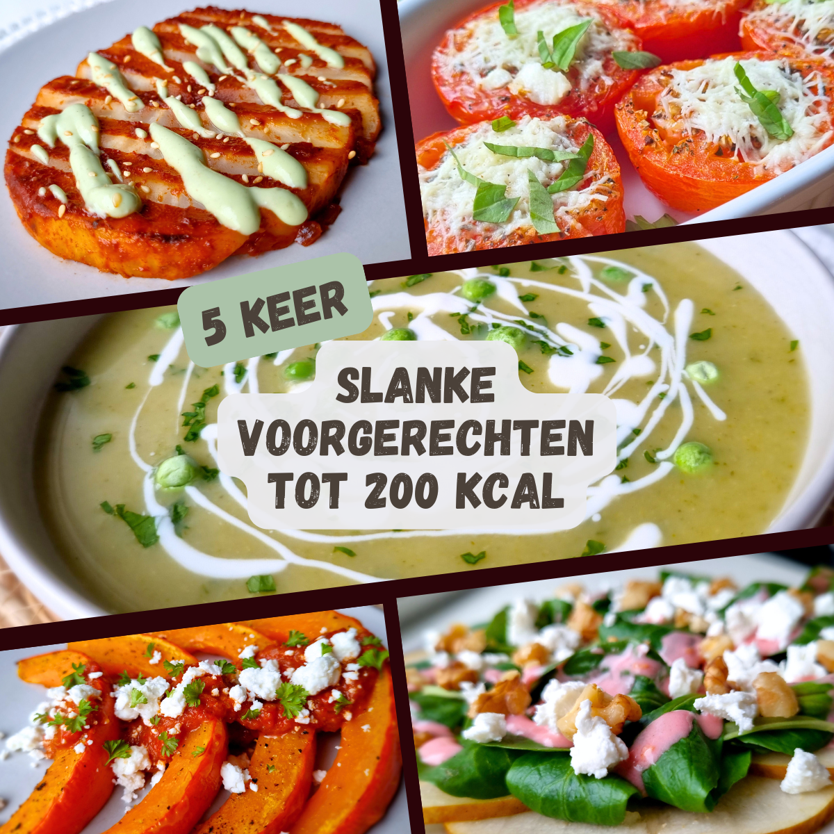 Knolselderij steak, geroosterde tomaten, groentesoep met doperwten, pompoen met feta & peer carpaccio