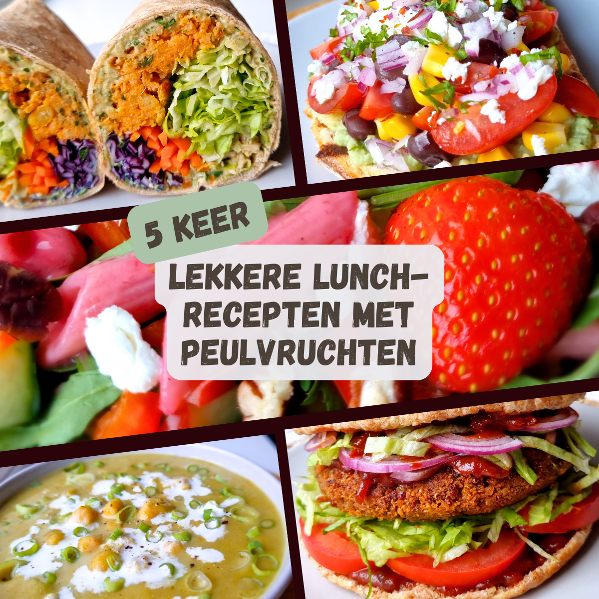 Midden-Oosterse hummuswrap, avocadotoast met zwarte bonen, pastasalade met linzen, prei-kerriesoep met kikkererwten en pita met zwarte bonenburger