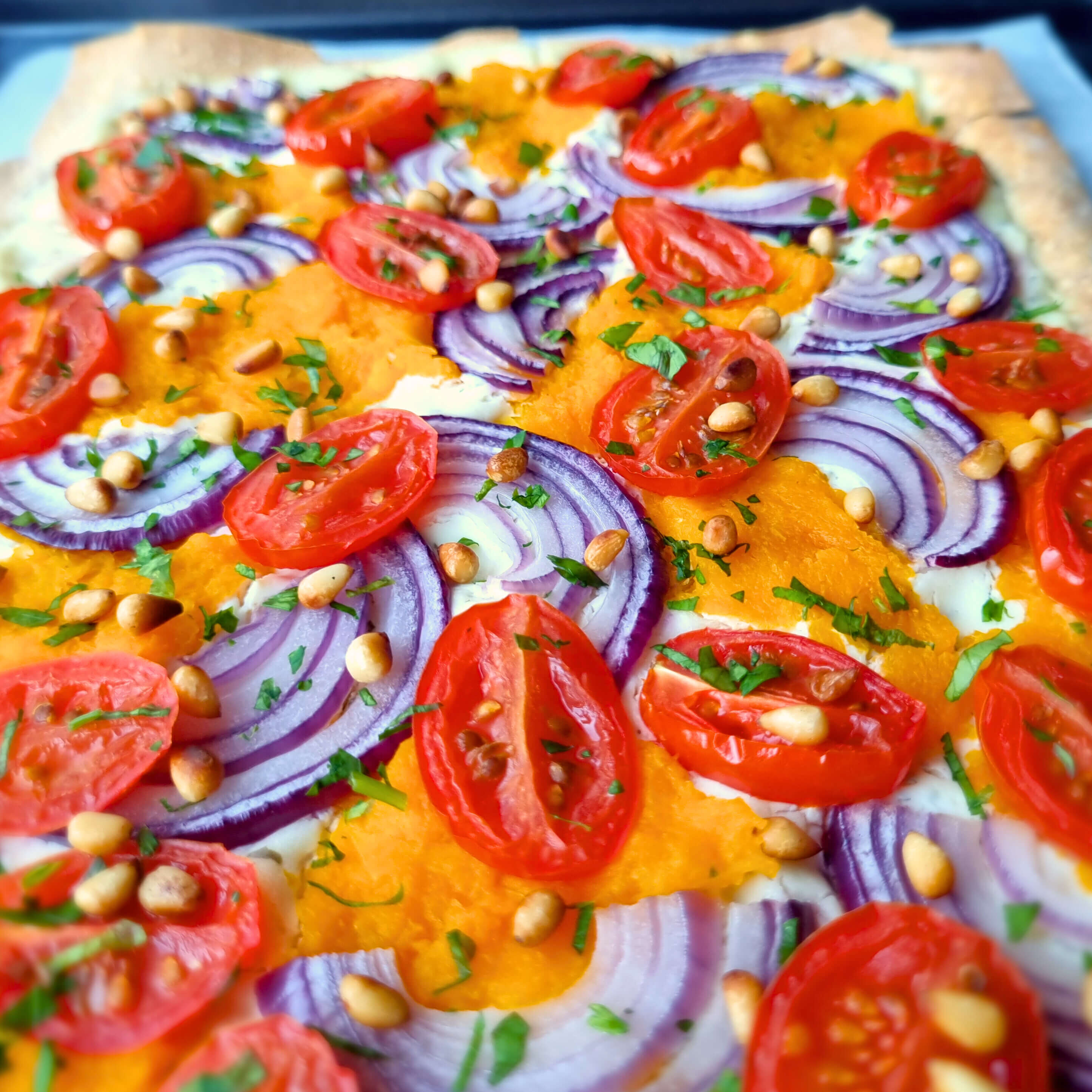 Kruidenkaas plaattaart met pompoen, rode ui & pijnboompitten